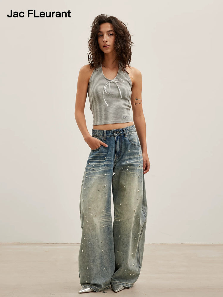 Couture Pearl Rhinestone Wide Leg Jeans
