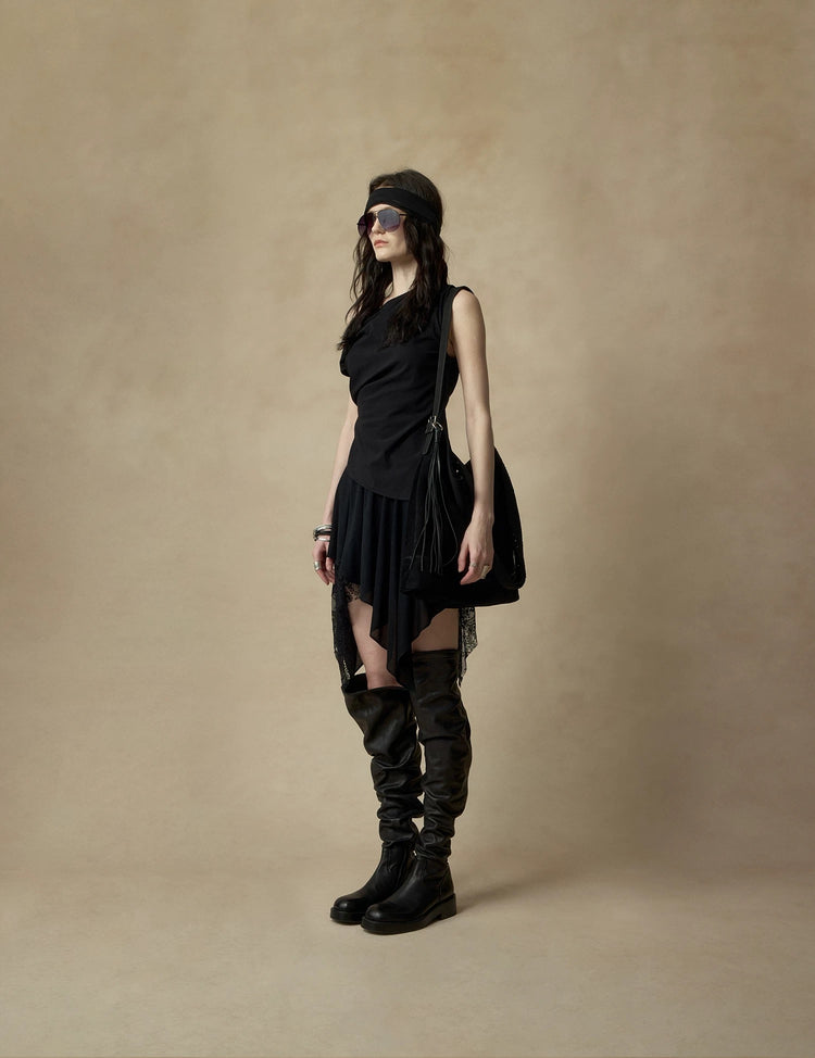 Black Asymmetrical  Lace Skirt-Pants