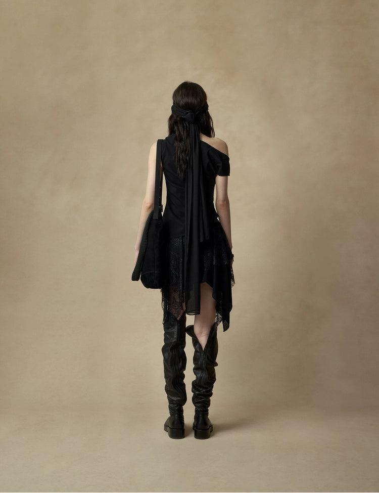 Black Asymmetrical  Lace Skirt-Pants
