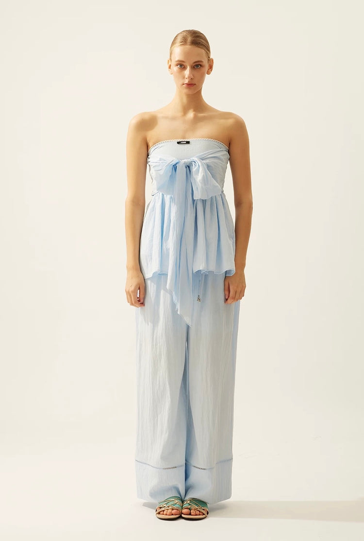 Wrinkled Tie-Detail Stretch A-Line Bandeau Top