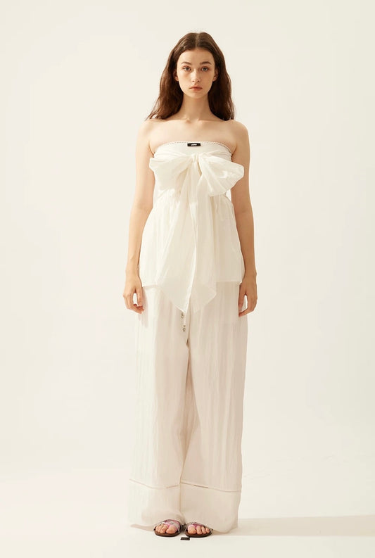 Wrinkled Tie-Detail Stretch A-Line Bandeau Top