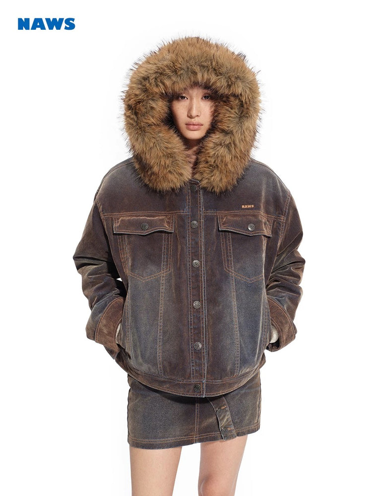 Ross - Oversized Faux Fur Collar Denim Puffer Jacket