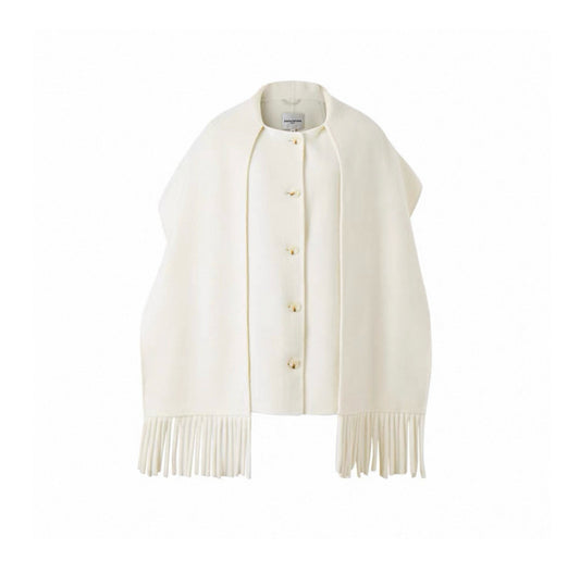Fringed Scarf-Collar Wool Blend Coat