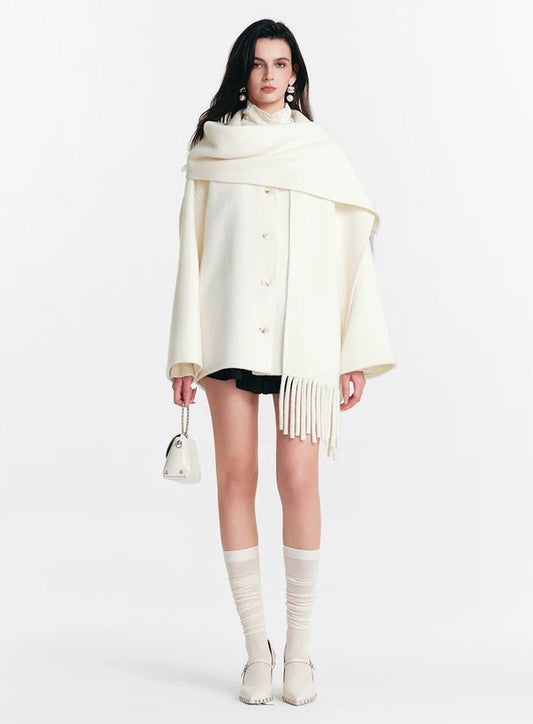 Fringed Scarf-Collar Wool Blend Coat