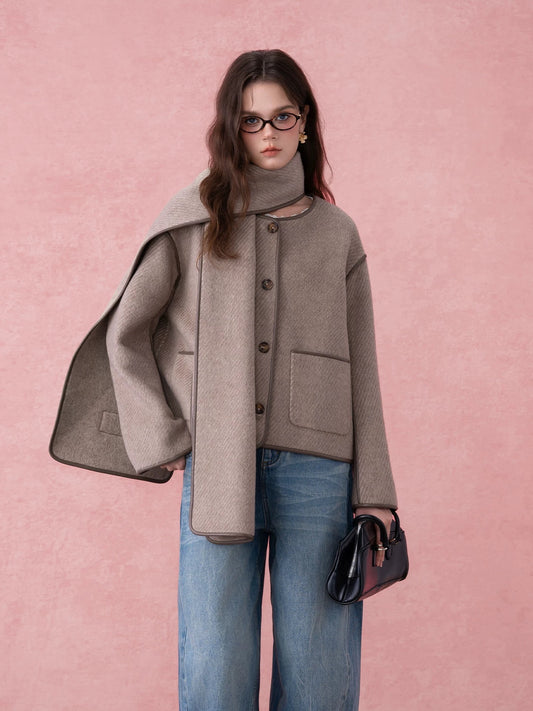 Scarf-Collar Double-Face Wool Coat