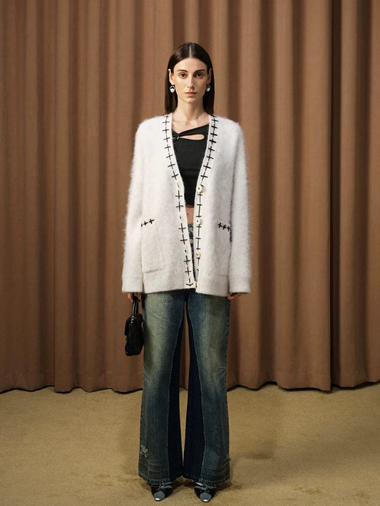 Alpaca Blanket-Stitch Knit Cardigan