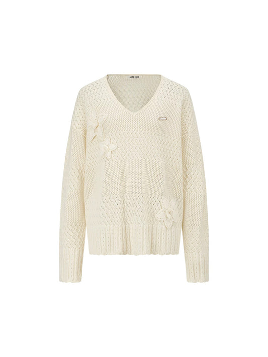 3D Handmade Flowers Cutout V-Neck Sweater