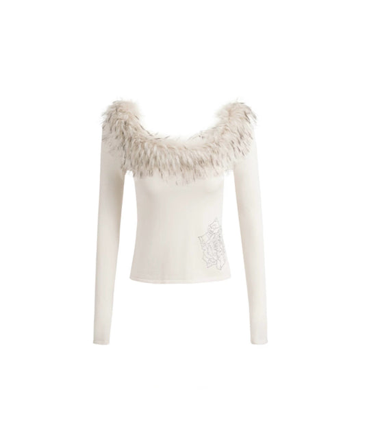 Rhinestone Rose Faux Fur Off-Shoulder Top