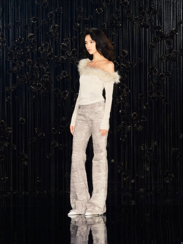 Rhinestone Rose Faux Fur Off-Shoulder Top