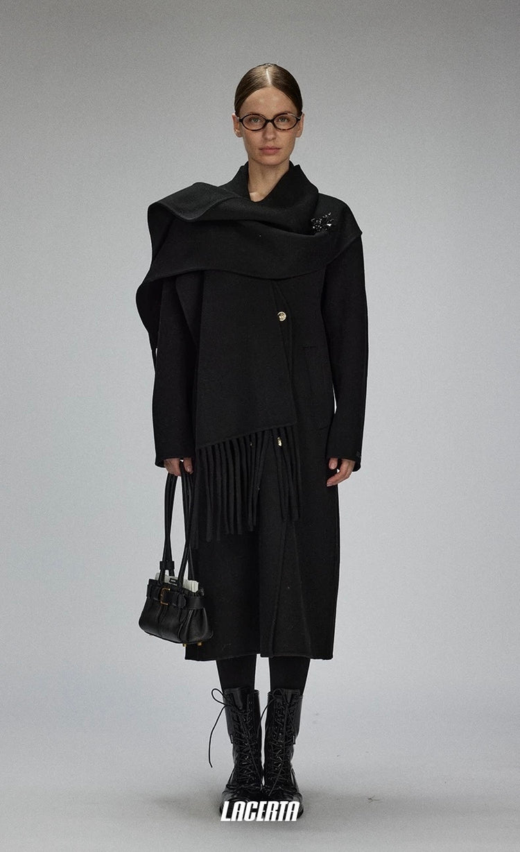 Attached Scarf Double-Faced Wool Coat