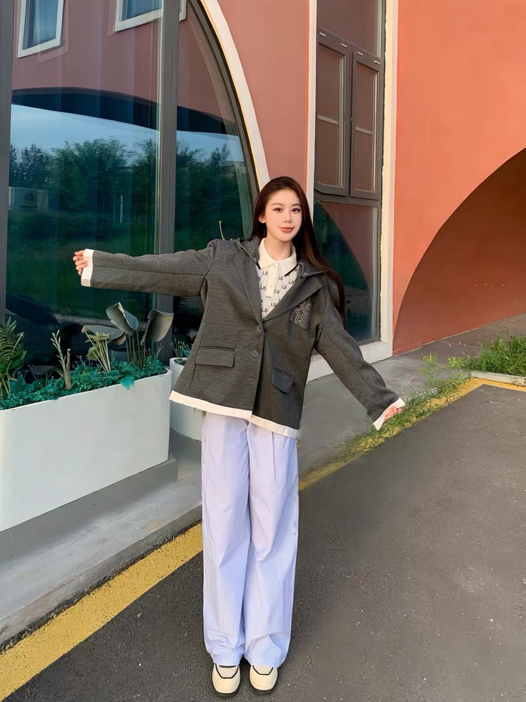 Detachable Hood Color-Block Blazer