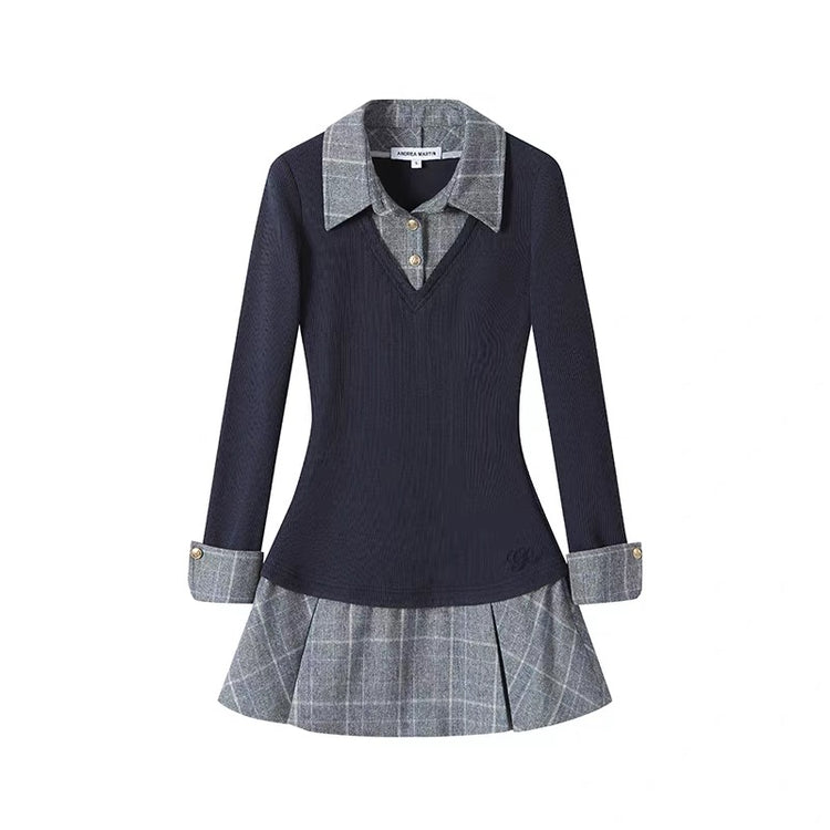 Faux Two-Piece Plaid Knit Dress