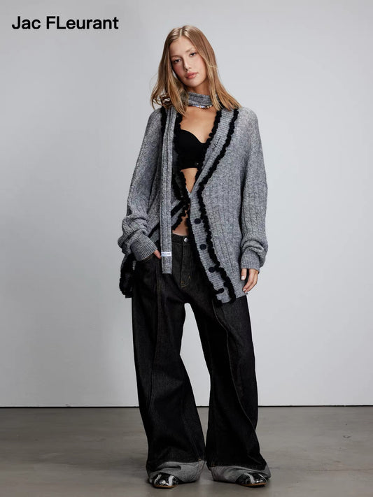 Mohair Lace-Trim Scarf Cardigan