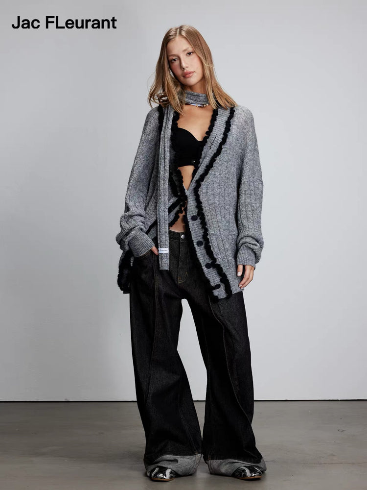 Mohair Lace-Trim Scarf Cardigan
