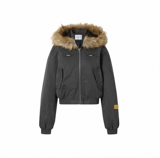 Brown Fur-Collar Washed Cotton Jacket