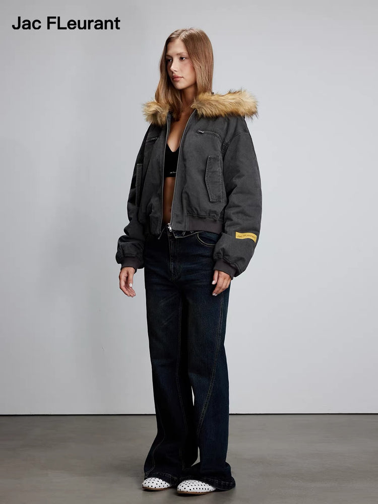 Brown Fur-Collar Washed Cotton Jacket