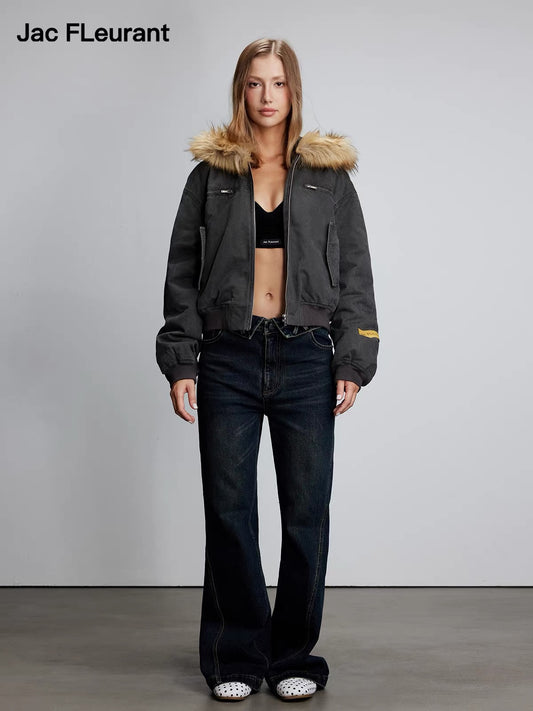 Brown Fur-Collar Washed Cotton Jacket