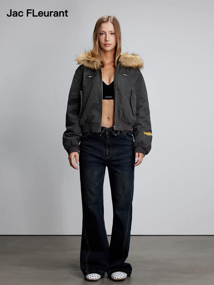 Brown Fur-Collar Washed Cotton Jacket