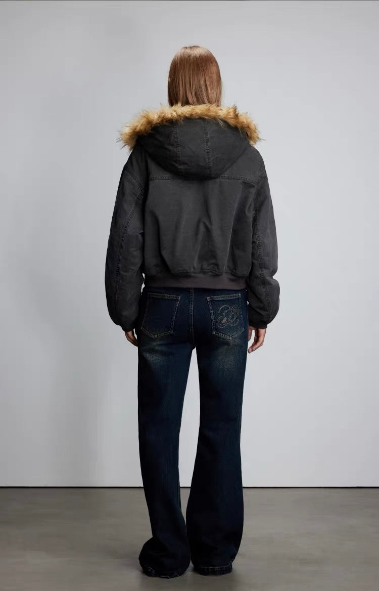 Brown Fur-Collar Washed Cotton Jacket