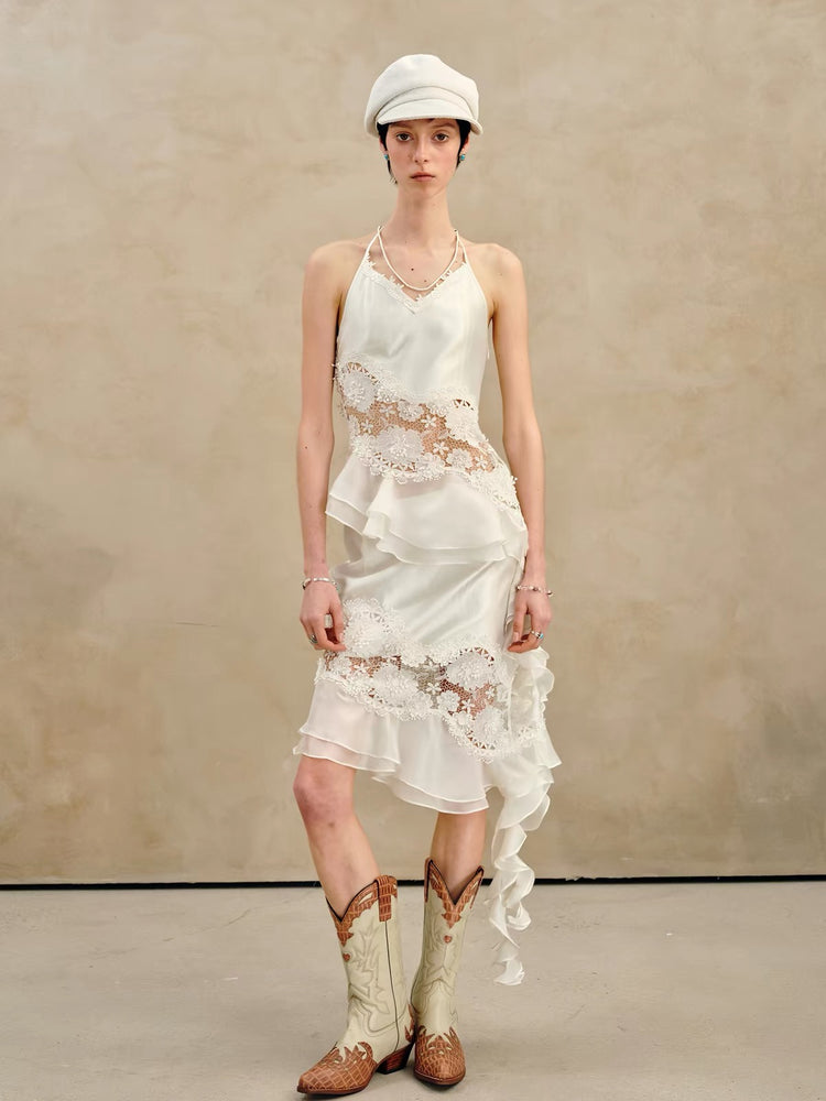 Pearlescent Lace Paneled Ruffle Hem Skirt