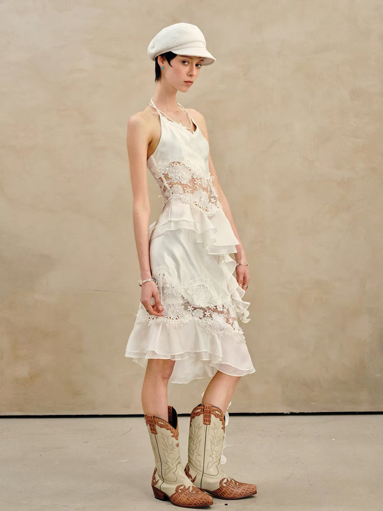 Pearlescent Lace Paneled Ruffle Hem Skirt