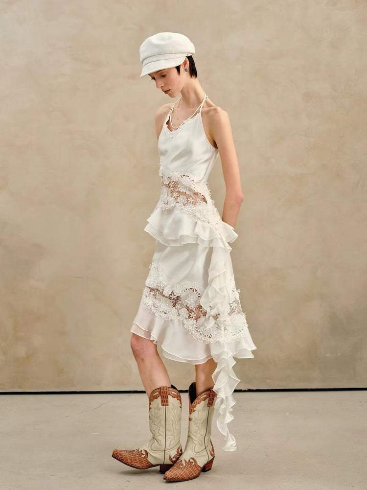 Pearlescent Lace Paneled Ruffle Hem Skirt