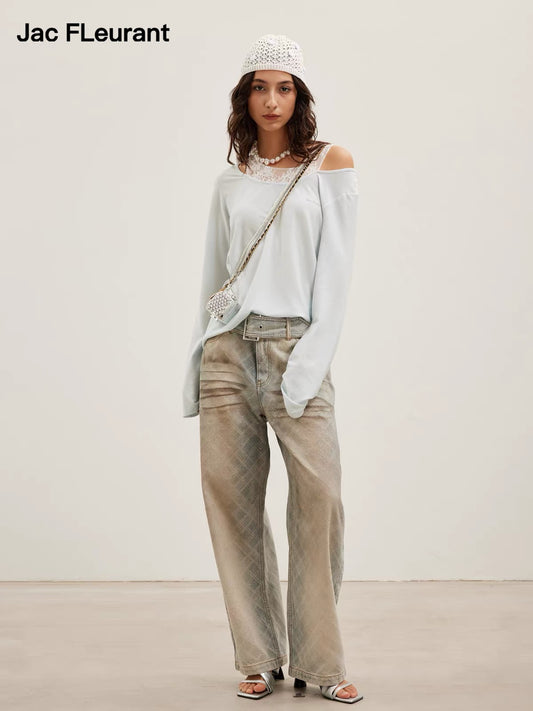 Silver Foil Plaid Curved-Leg Jeans