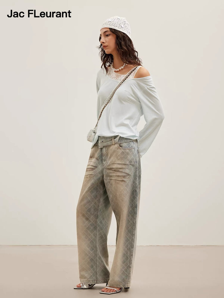 Silver Foil Plaid Curved-Leg Jeans
