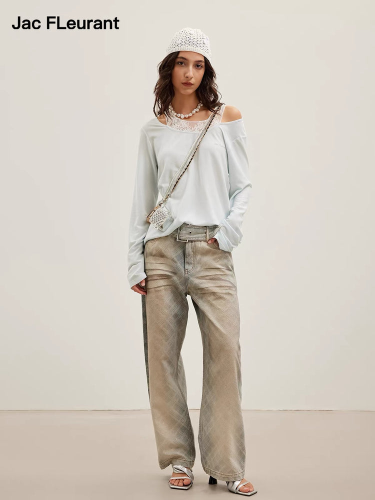 Silver Foil Plaid Curved-Leg Jeans