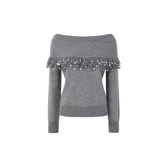 Off-Shoulder Fringe Collar Sweater