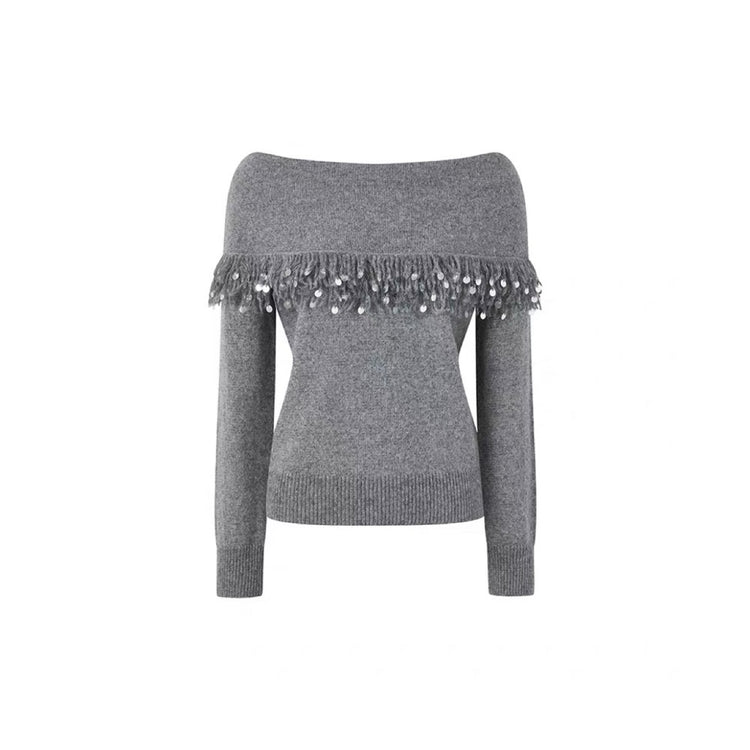 Off-Shoulder Fringe Collar Sweater