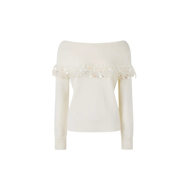 Off-Shoulder Fringe Collar Sweater