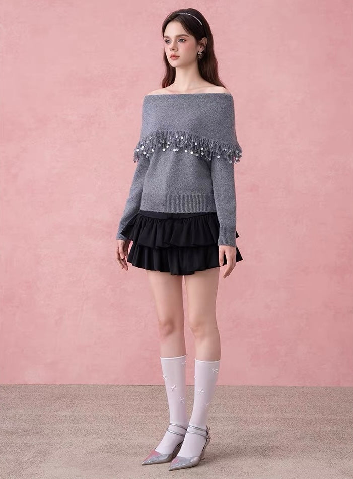 Off-Shoulder Fringe Collar Sweater