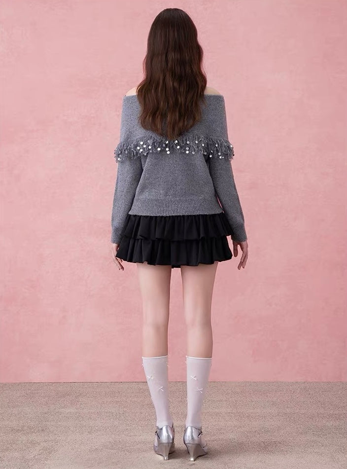 Off-Shoulder Fringe Collar Sweater