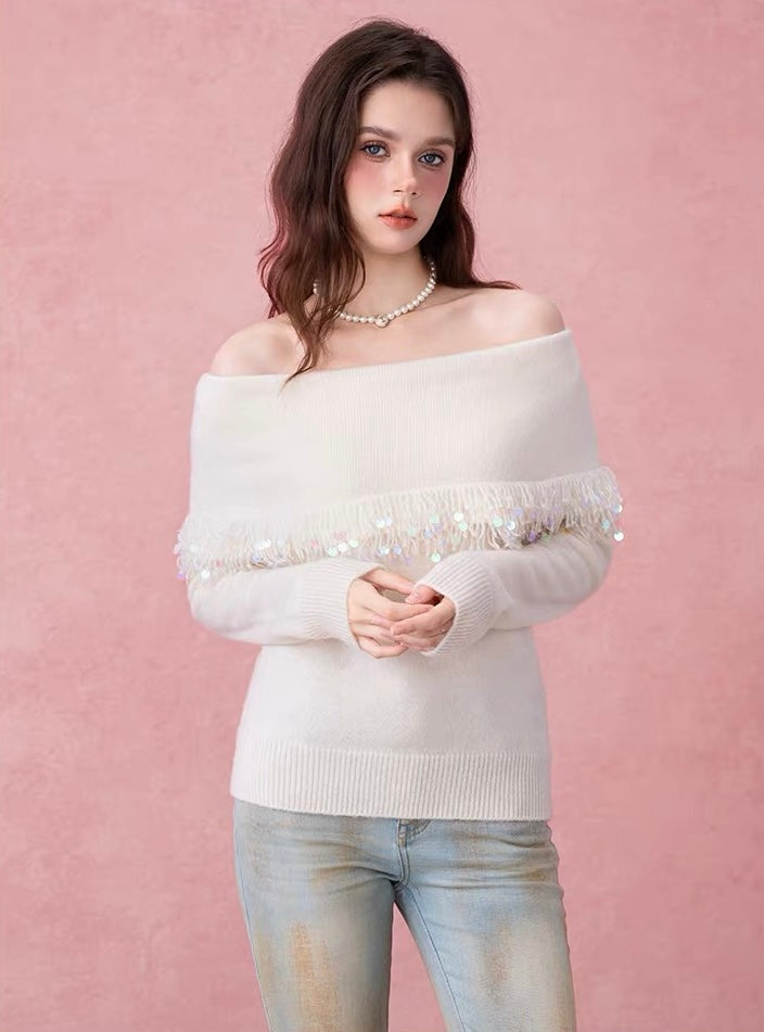 Off-Shoulder Fringe Collar Sweater