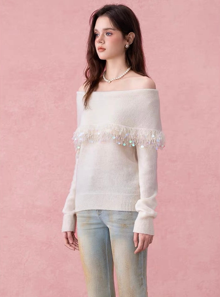 Off-Shoulder Fringe Collar Sweater