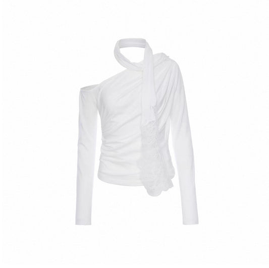 Detachable Lace Ribbon One-Shoulder Top