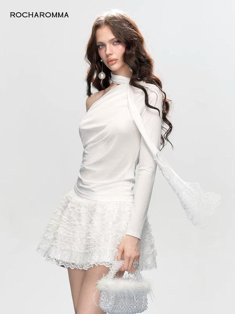 Detachable Lace Ribbon One-Shoulder Top