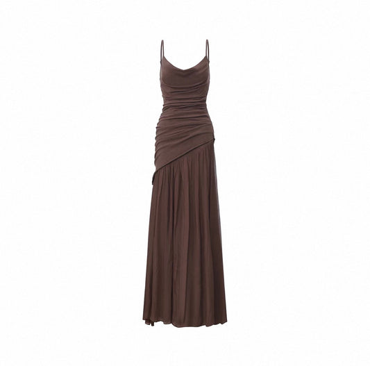 Plum Brown Knit Cowl-Neck Slip Dress