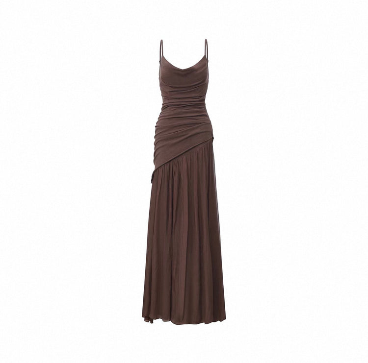 Plum Brown Knit Cowl-Neck Slip Dress