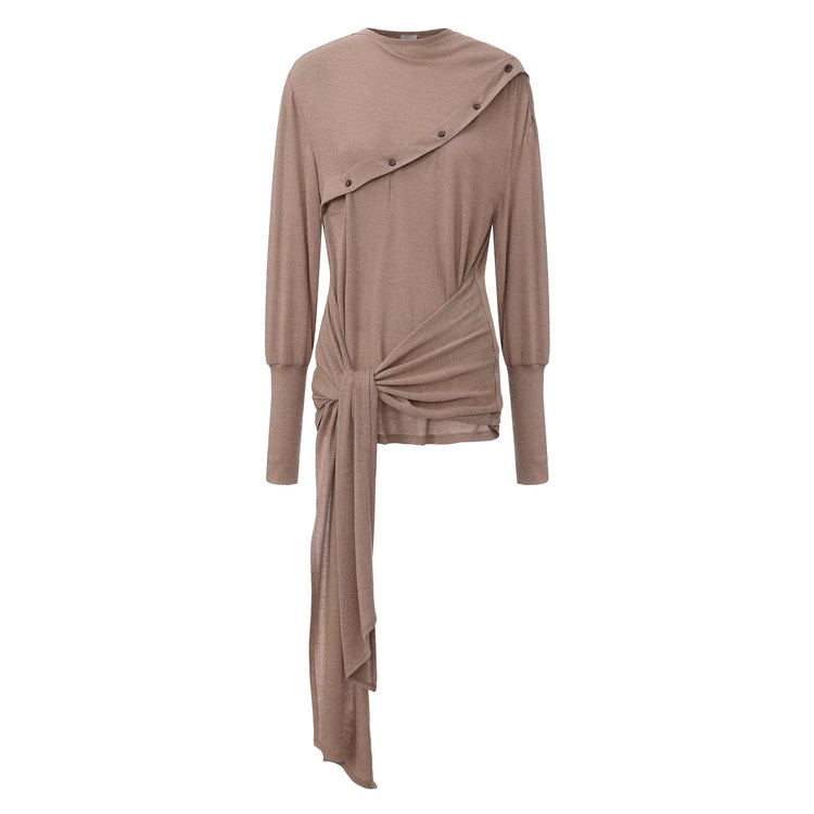 Light Camel Button Tie Knit Top