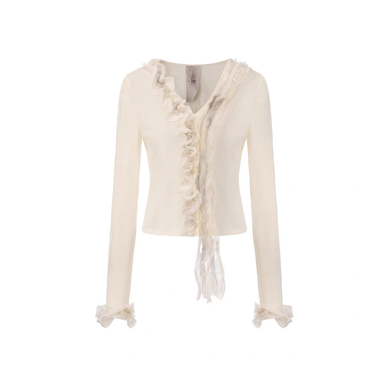 Lace-Cuff Long-Sleeve Top