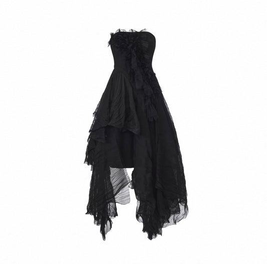 Black Heavy-Detailing Smocked Strapless Dress