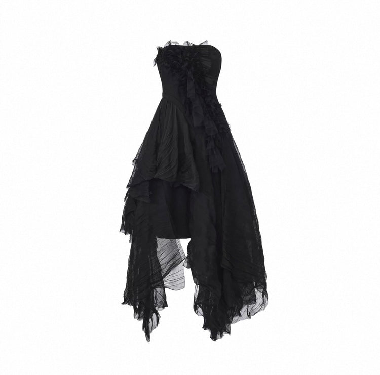 Black Heavy-Detailing Smocked Strapless Dress