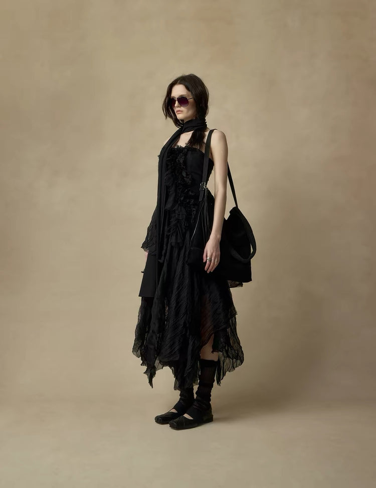 Black Heavy-Detailing Smocked Strapless Dress