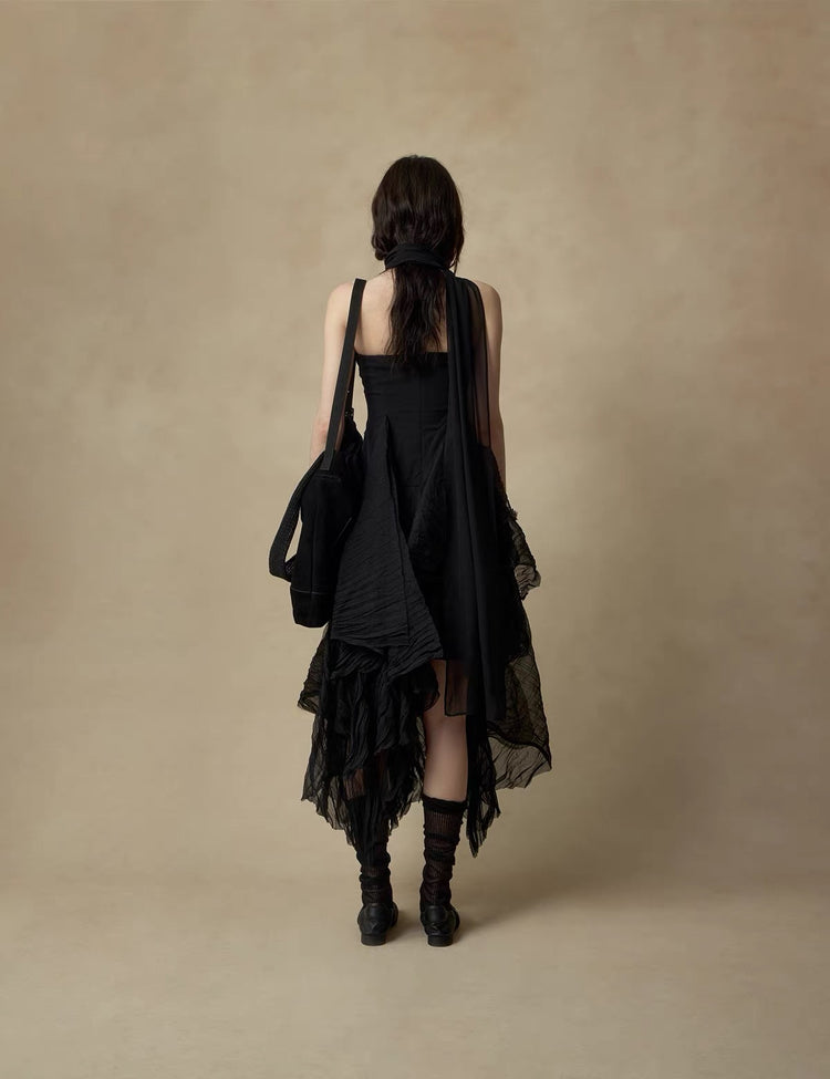 Black Heavy-Detailing Smocked Strapless Dress