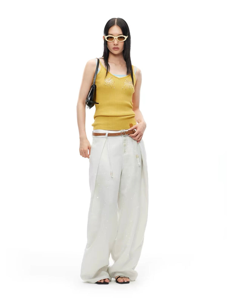 Wheat-Colored Linen Wide-Leg Pants