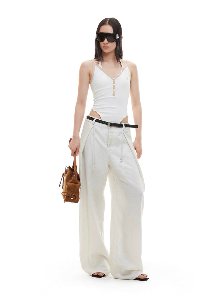 Wheat-Colored Linen Wide-Leg Pants