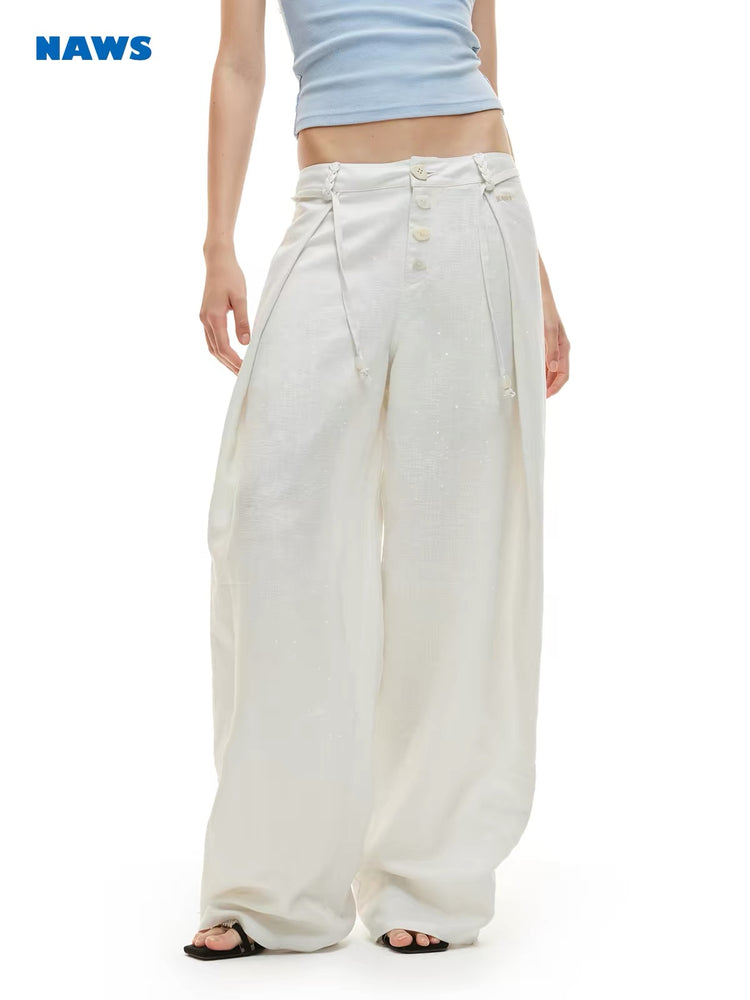 Wheat-Colored Linen Wide-Leg Pants