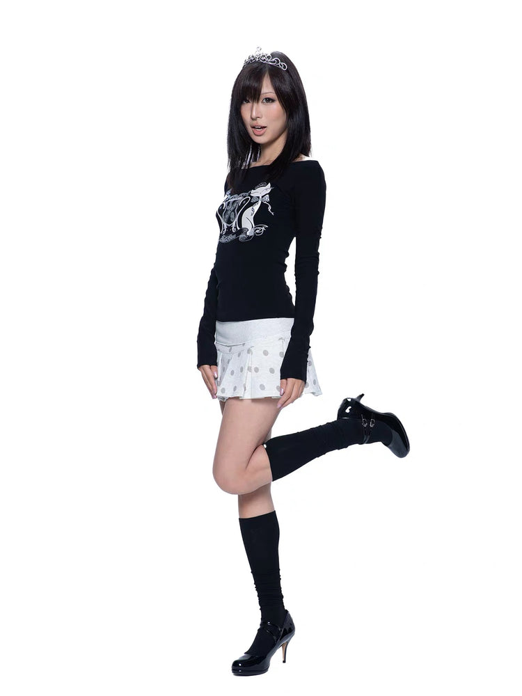 Polka Dot Knit Pleated Mini Skirt